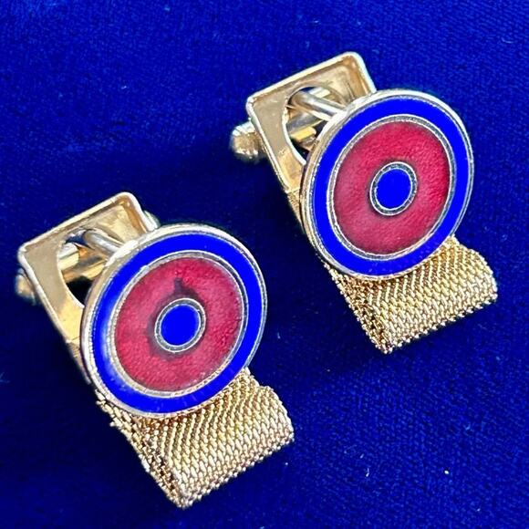 Vintage Blue and Red Bullseye Gold Tone Mesh Wrap Around Cufflinks - Picture 2 of 13